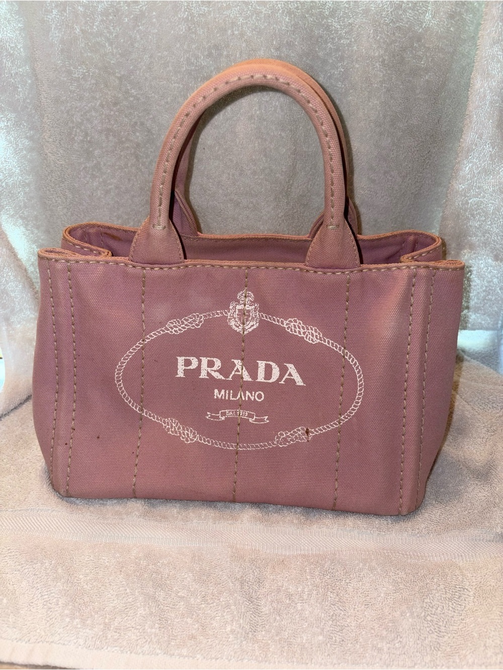 Prada Milano Small Pink Canvas Canapa Tote Authentic